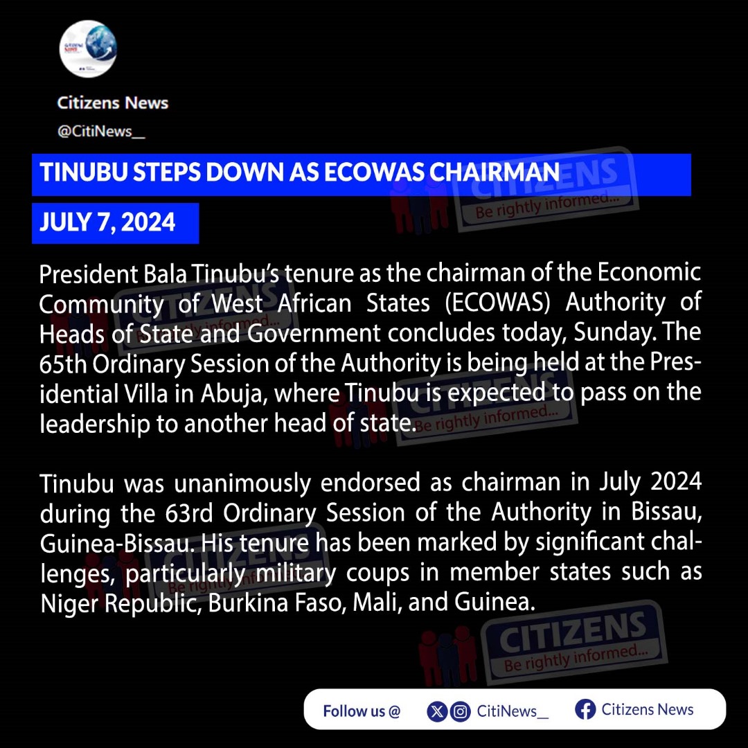 CitiNews__'s tweet photo. Tinubu steps aside as ECOWAS Chairman......
#BeRightlyInformed #CitizensNews #TodayNews #BreakingNews #NewsUpdates #viral #GoViral #trendingnews #trendingpost #TrendingNow https://t.co/cSczgYhbLu