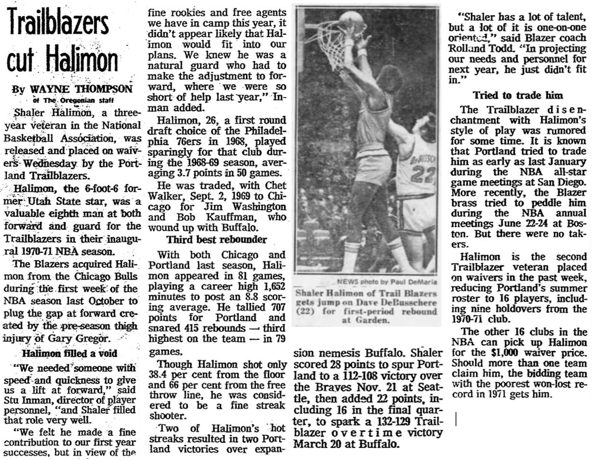 77Blazers's tweet photo. July 7 1971 - The @trailblazers waive guard/forward #ShalerHalimon.

Halimon became the 1st #Blazers ever acquired in an in-season trade when he arrived from the @chicagobulls for a future draft pick on Oct. 20, 1970.. Halimon averaged career-highs in points (8.9) and rebounds (5.3) in 79 games with #Portland.

Halimon would play a single game with the @ATLHawks in 1971 before jumping to the rival #ABA, where he played 2 seasons with the #DallasChaparrals, where he was a teammate of future Blazers player, and legendary broadcaster, #SteveJones, aka, #SnapperJones.

After retiring in 1973, Halimon worked first as a social worker in #SanAntonio, Texas before heading back to Oregon, initially to get his things out of storage. He instead found a job as a driver for @trimet in 1978. He retired from #TriMet in 2012. 

Halimon joined former teammates @GeoffPetrie, @uograd66, coach #RollandTodd, broadcaster #BillSchonely in 2019 as part of the 50th Anniversary celebration.

Halimon passed away on April 19, 2021.

#RipCity #ThisDateinBlazersHistory