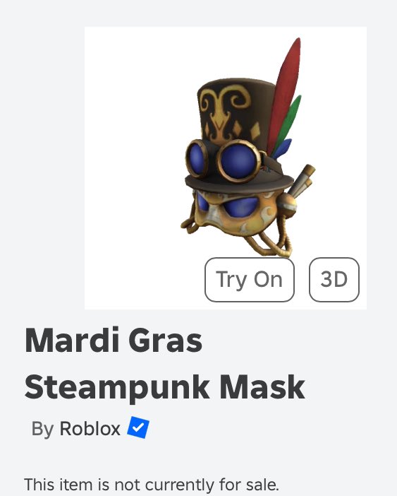 RobloxBotFollow's tweet image. Roblox Prime Gaming Item

Mardi Gras Steampunk Mask

250 robux with tax 

#roblox #primegaming #robloxprimegaming #mardigrassteampunkmask