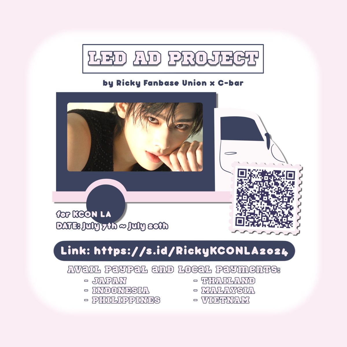 [RICKY FANBASE UNION x C-BAR  PROJECT]

KCON LA AD TRUCK PROJECT for RICKY.

สวัสดีค่ะริยางงี่!✨️

พวกเรา RICKY FANBASE UNION ได้เข้าร่วมกับ C-Bar 初雨 Petrichor <a href="/petrichor_0520/">Ricky_CN</a> เพื่อ AD TRUCK PROJECT สำหรับ KCON LA2024 🫶🏻

DONATION FORM
🔗 docs.google.com/forms/d/e/1FAI…