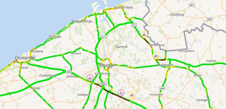De uittocht van de kust naar het binnenland verloopt erg moeilijk. De #E40 is na een ongeval in Oostkamp dicht na een ongeval met 6 auto's, takeling is bezig (+ 1.5 uur). In Maldegem op de #E34 ook een botsing (+30 min), ook daar is takeling aan de gang vrt.be/vrtnws/nl/serv…