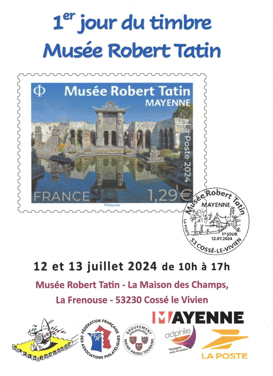 AnnecyWebmaster's tweet image. 12/13 juillet 2024 - Premier jour du timbre Musée Robert Tatin, une enveloppe premier jour et une carte maximum seront proposé à la vente. 53230 Cossé-le-Vivien (#Mayenne). #timbres #philatelie #Maine #roberttatin