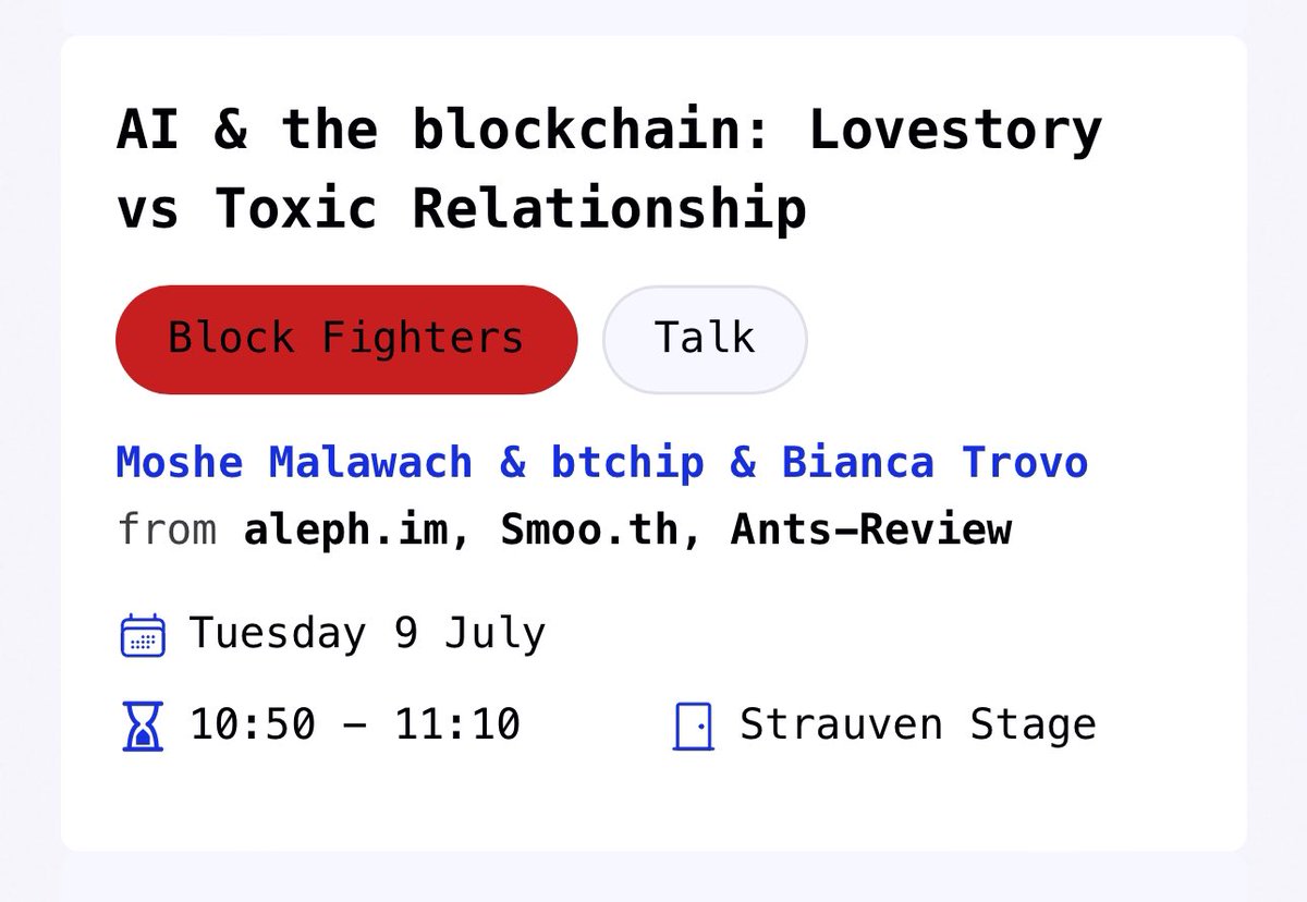 🗓️ Tuesday 09.07 — BLOCKFIGHTERS  
⏱️ 10:50 - 11:10

You have come all the way to <a href="/EthCC/">EthCC - Ethereum Community Conference</a>📍🇧🇪 <a href="/EthCCweek/">EthCCweek 2026 👀</a> for AI reason: listening to an LLM-generated debate me, your #DeSci queen 👑 &amp; <a href="/MosheMalawach/">Moshe Malawach</a> from <a href="/aleph_im/">Aleph Cloud</a> #DePIN 🤖~ moderated by <a href="/BTChip/">Nicolas Bacca</a> from <a href="/Ledger/">Ledger</a> 🔐
Don't miss it!