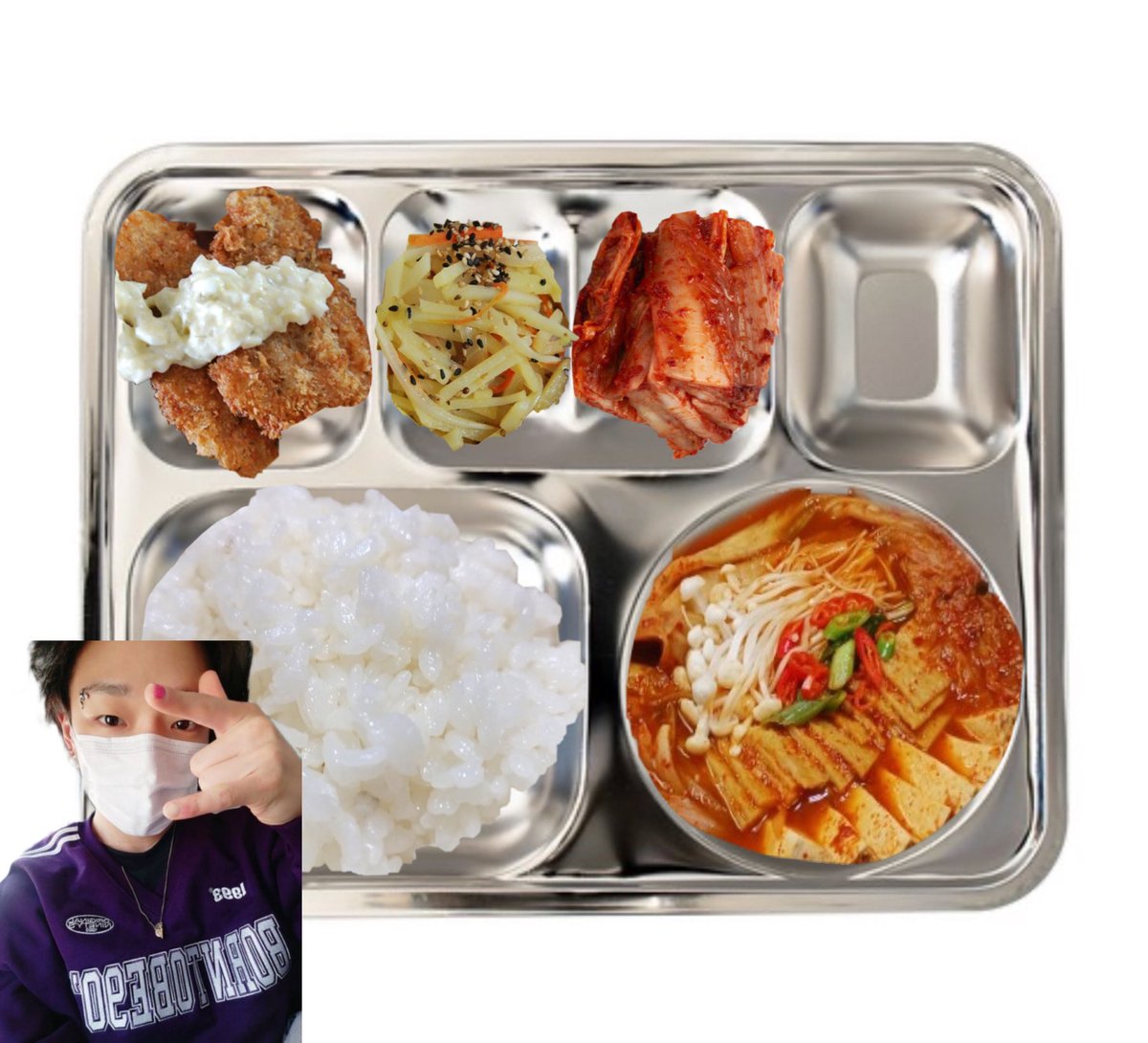 Bobbmukza's tweet photo. #바비 의 식판
🪖24.07.08 석식

밥
생선묵김치찌개
감자채볶음
생선가스
배추김치
건망고

오늘도 화이팅 🩷 https://t.co/0lsHAiYJpM