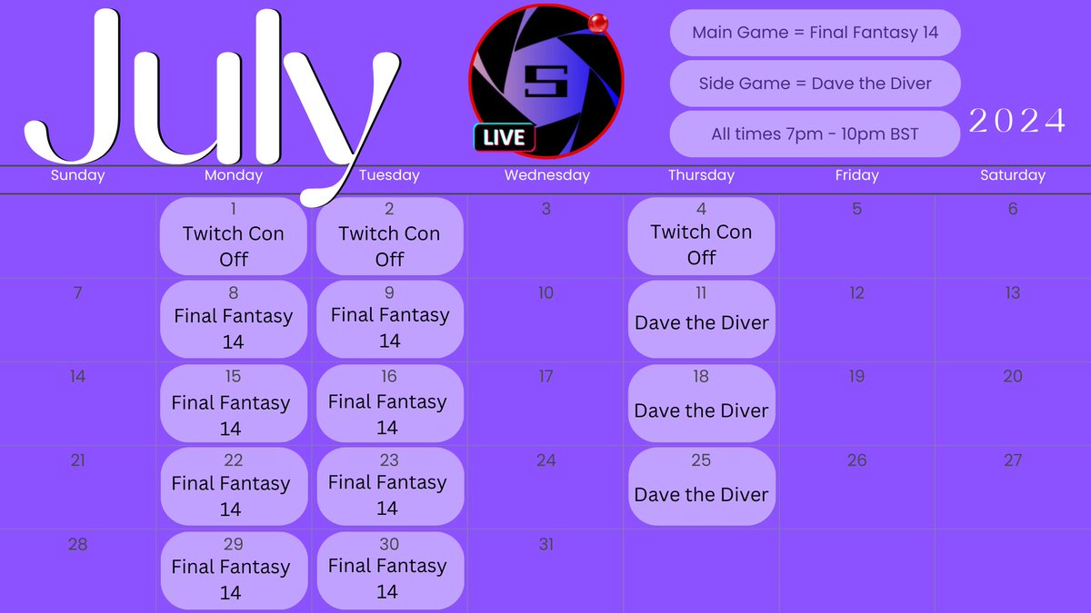 StreamingSwerly's tweet photo. After a busy 1st Week in July with Twitchcon and work,  I decided to plan the whole month.
Hoping to stick to this schedule, get some organisation in my streams, and try a new time.

Hit that follow button to get a notifcation of when I go live.
https://t.co/ez8DdiFZF4 https://t.co/LgNV7P20B6