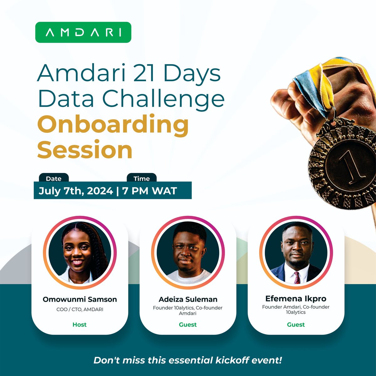 Amdari_IO's tweet image. The #Amdari21DaysDataChallenge kicks off with an onboarding session today, July 7th, at 7:00 PM WAT!

This is where our Data Challenge participants get all the crucial info they need to succeed and unlock rewards. 📅 

Mark your calendars and be there!