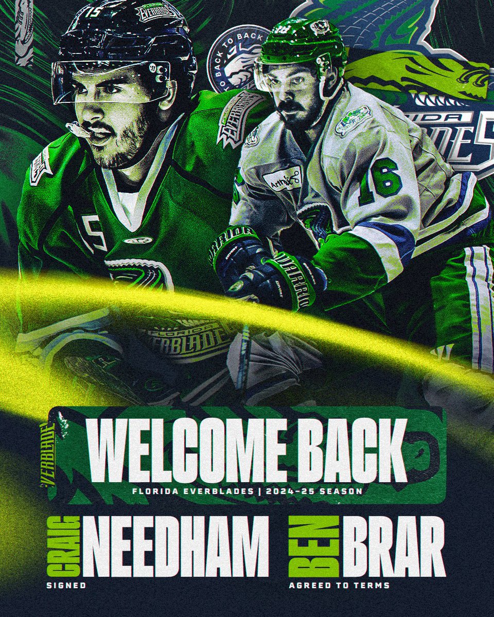 FL_Everblades's tweet image. Needham and Brar are coming back to the swamp🐊
We have signed forward Craig Needham and agreed to terms with forward Ben Brar for the 2024-25 season!