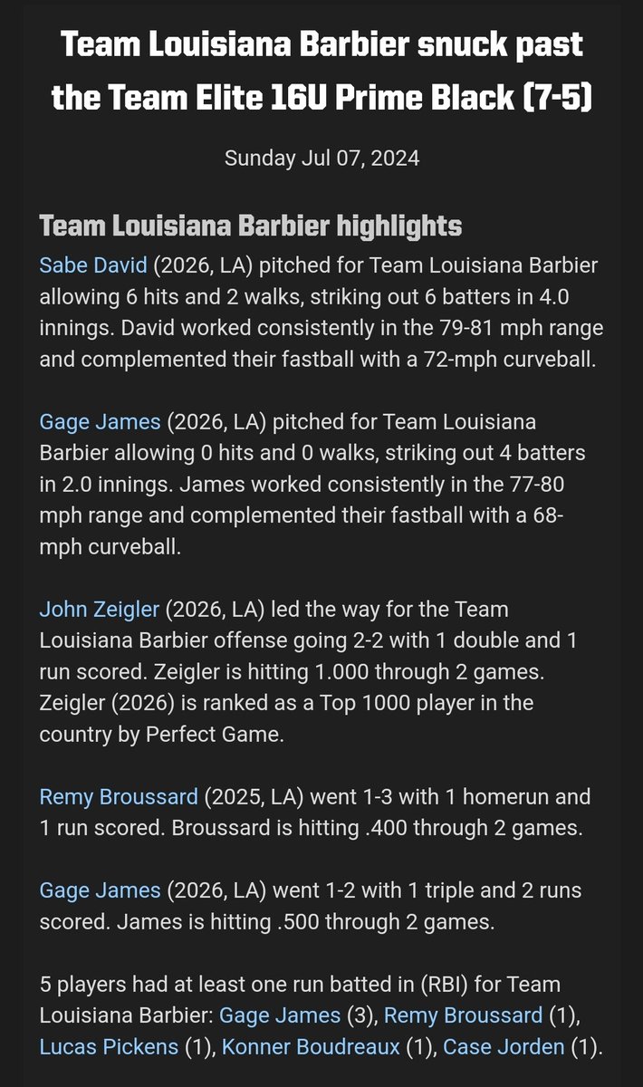 Team Louisiana Baseball (@team_louisiana) on Twitter photo Good guys move to 2-0 in pool play in the WWBA with a 7-5 win over Team Elite. Guys were led on the mound by <a href="/SabeDavid1/">Sabe David</a> of Kaplan and another great job up and down the lineup offensively #FAMILY Good guys move to 2-0 in pool play in the WWBA with a 7-5 win over Team Elite. Guys were led on the mound by <a href="/SabeDavid1/">Sabe David</a> of Kaplan and another great job up and down the lineup offensively #FAMILY