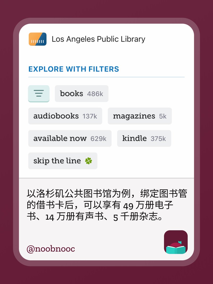 noobnooc's tweet image. 含泪给大家推荐一个 app （因为用的人越多我的使用体验就越差😞）。

这个叫 Libby 的 app，是一个免费线上图书馆，绑定图书馆的借书卡后，就可以免费访问该图书馆提供的线上资源了！这里面英文原著、英语有声书、杂志都特别多！学英语的不二之选。

有的图书馆可以线上申请读者证，无需出门直接搞定。