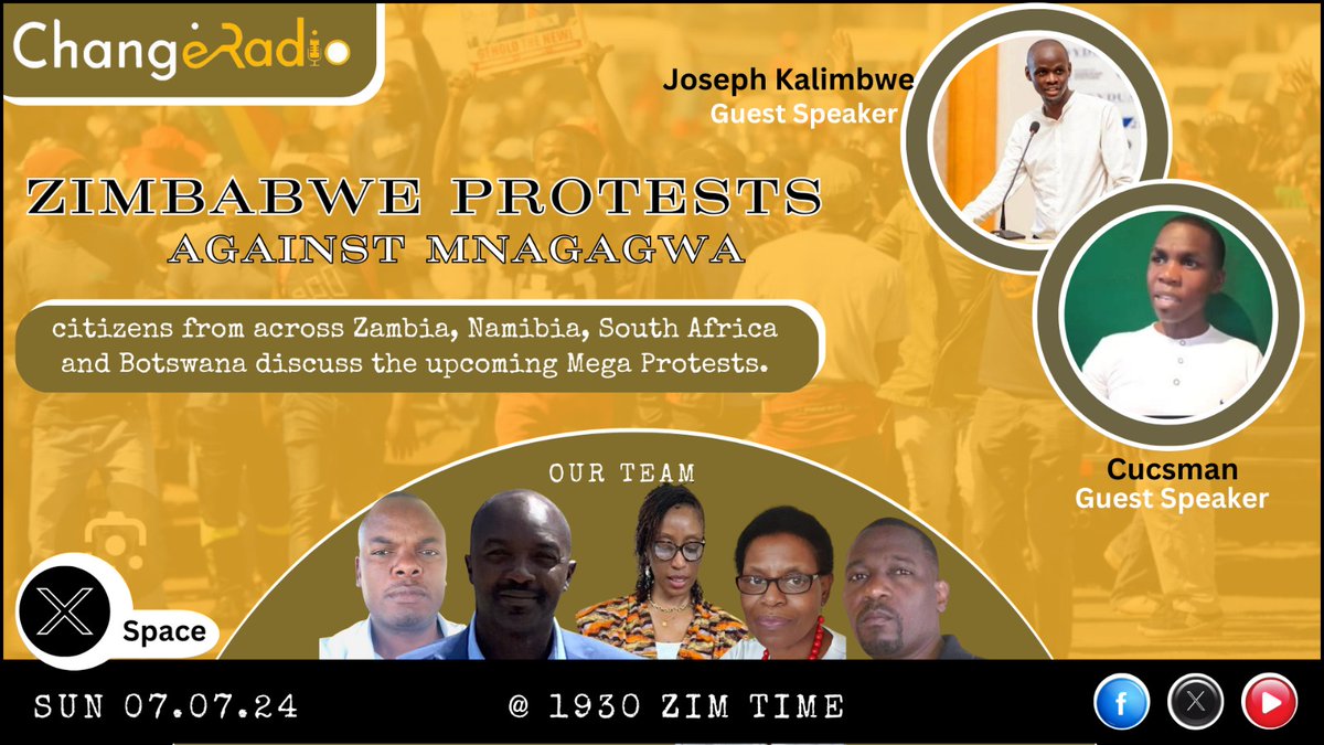 SimbisoRanga's tweet photo. #DearZimbabwe, see you this afternoon @ChangeRadioZW. #ForZimbabwe #ForEveryone #ZimbabweAriseCampaign #StandUpForZimbabwe
https://t.co/fwBJ1MelZN
Sunday, 7.30pm CAT
*Zimbabwe Protests Against Mnagagwa*
Change Radio hosts citizens from across Zambia, Namibia, South Africa and Botswana discussing the upcoming Mega Protests.
Join and be part of people making history!