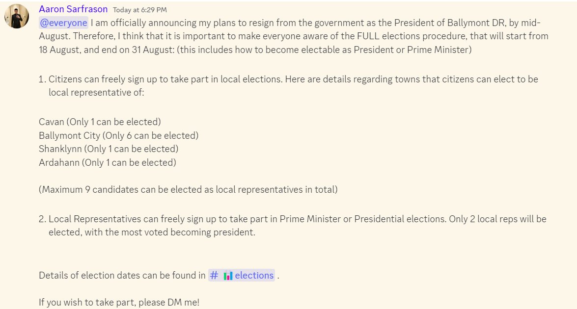 notforgotten24's tweet photo. BREAKING: Aaron Sarfrason, President of Ballymont DR and a co-founder of the RFDN, is announcing his intention to resign from the government by mid-August.

Following this, he has also posted details of Ballymont DR's election procedure. https://t.co/yxvVd1iFar