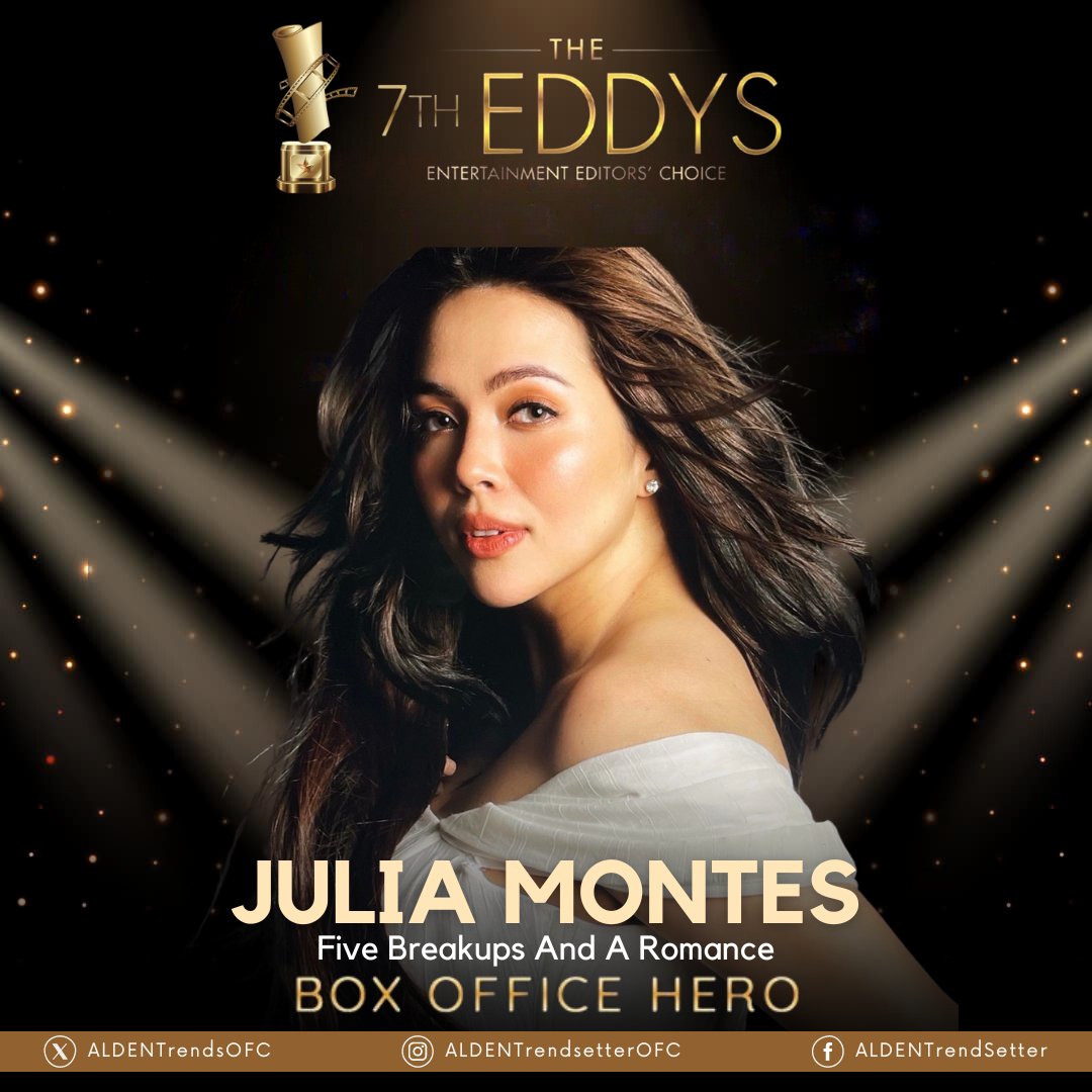 AldenTrendsOFC's tweet photo. CONGRATULATIONS JUSTINE! 🎉👑

Julia takes home the Best Actress at the 7𝘁𝗵 𝗘𝗗𝗗𝗬𝗦 (Entertainment Editors’ Choice) for her stellar performance in ‘𝑭𝒊𝒗𝒆 𝑩𝒓𝒆𝒂𝒌𝒖𝒑𝒔 𝑨𝒏𝒅 𝑨 𝑹𝒐𝒎𝒂𝒏𝒄𝒆’ and the Box Office Hero award (alongside ALDEN RICHARDS)! 🎬🏆

Congratulations, Julia and Team 5BAAR! 🙌🏼✨

@yourjuliamontes  @aldenrichards02 
#7thEddys
#FiveBreakupsAndARomance
#JuliaMontes