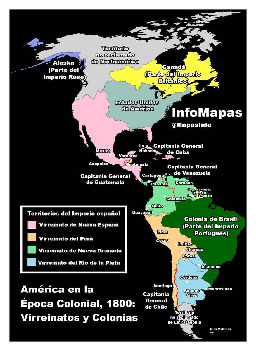MapasInfo's tweet image. 🌎📜América en la época colonial, 1800: Virreinatos y Colonias. Explora la distribución territorial y las potencias que controlaban cada región. ¿Sabes más sobre la historia de tu país en 1800? Cuéntanos en los comentarios.
#historia #Geografia #Educación #America #LatinAmerica