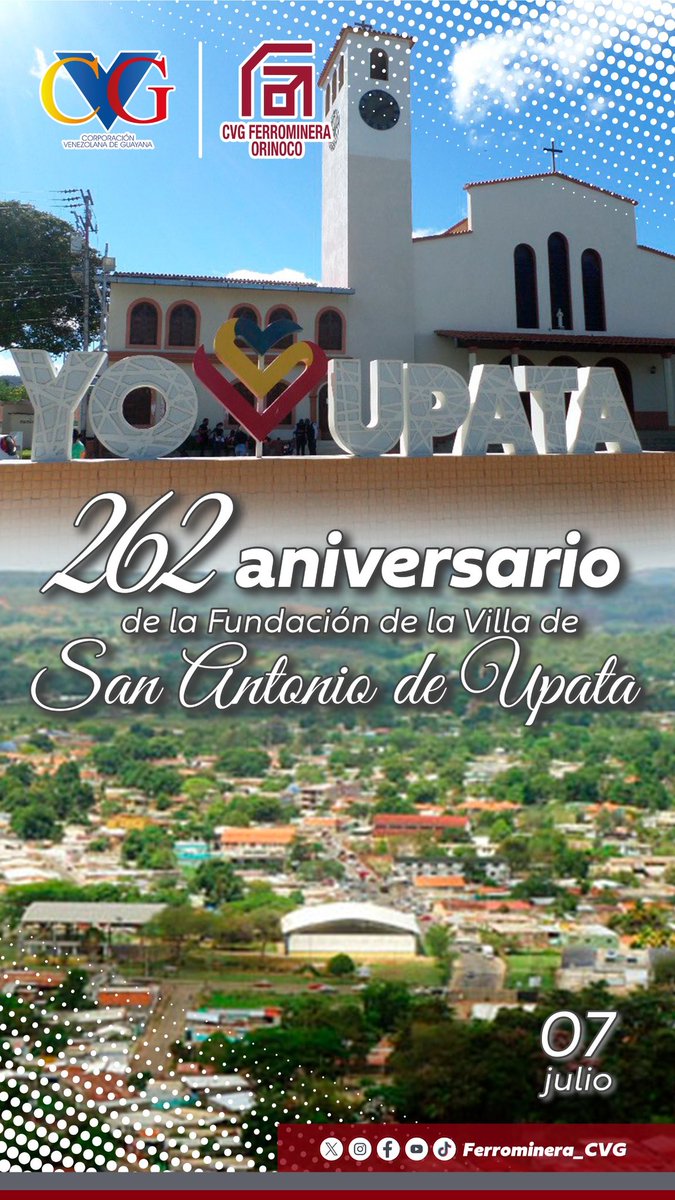 #Efemérides #7Julio Celebramos a la población de #Upata , "Mi tierra"  en lengua de los indígenas guayanos.
Fundada  1762, por el Fray Antonio de Cervera con el nombre de Villa del Yocoima de San Antonio de Padua, hoy se reconoce por su tierra fértil, ganado y mujeres bellas.