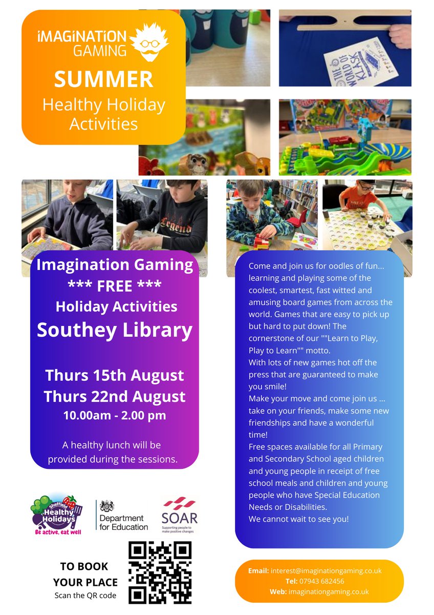 imagigaming's tweet photo. More #Sheffield venues this summer for @imagigaming with more fun &amp; games as part of the #SheffieldHealthyHolidays Programme
FREE for all children who receive benefits-related free school meals and anyone with SEN 

Get in touch to secure your place, simply scan the QR Codes
#fun https://t.co/mBMbsBQP5f