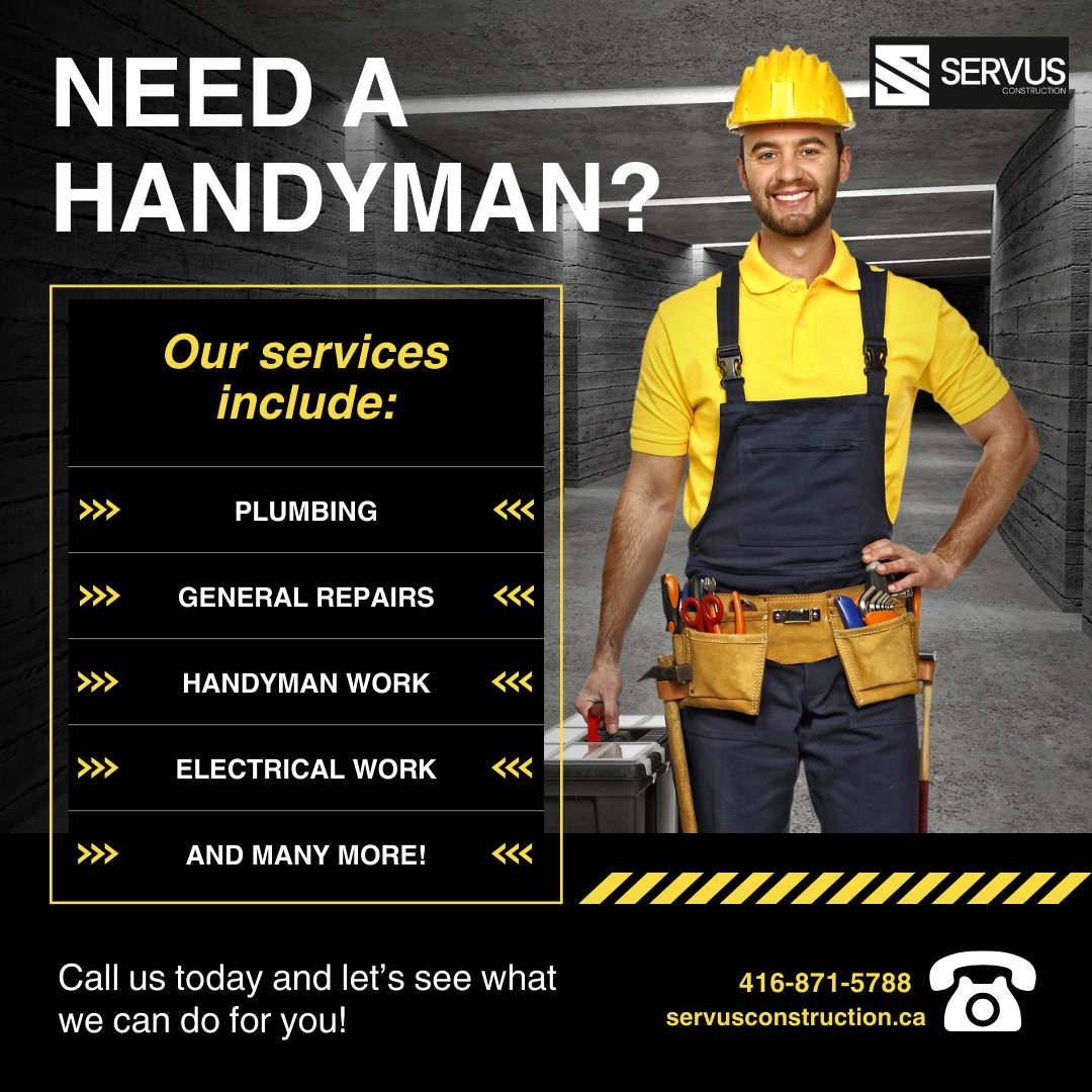 ServusConstruc1's tweet image. From plumbing to general repairs, electrical work, and everything in between, our skilled team is here to help.

📞 Contact Us: 416-871-5788
🌐 Visit Us: servusconstruction.ca

#HandymanServices #Plumbing #GeneralRepairs #ElectricalWork #HomeRepairs #ServusConstruction