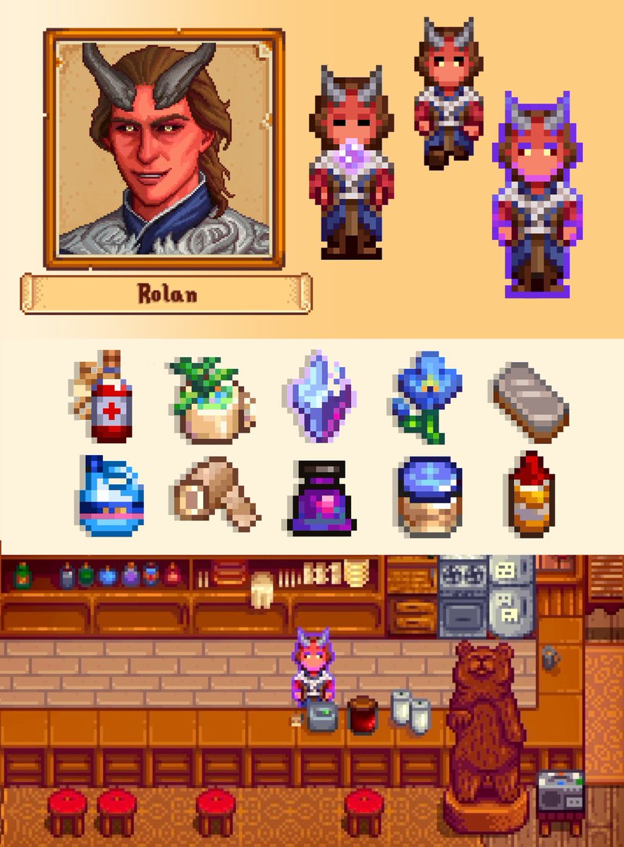 XunHe1145's tweet photo. Hi guys, we’d like to share with you the current progress of Baldur's village, although the release date has not been decided, but there is a high probability that the first part will be released this fall or winter.

【 New Store 】
We designed new stores, the first of which was a restaurant managed by Roland Projection. The bar will regularly or randomly sell some new items.

【 New character】
Both Rolan and Roland Projection have been designed, although Rolan is not currently a marriable NPC, but will occasionally appear in some corners of the map.
Again‼️ The only NPCS currently available for marriage are Astarion and Halsin, but once the first part is released, the order of marriageable NPCS will be voted on by our Patreon.

【 Daily Schedule 】
We are debugging the schedule of each NPC. To make their relationship more real, we arrange for some old friends to have activities together.

【 Other Design 】
We are designing spouse rooms, patios, and special furniture related to the character's experience. This part of the work is huge, and it's still a work in progress.

【 Seasonal Outfits 】
We are currently working on seasonal outfits for all of the current NPCS, and have already completed the characters of Astarion and Shadowheart.

#BaldursVillage
#BG3 #StardewValley #Astarion #Shadowheart #BaldursGate3