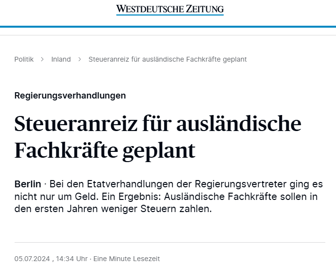 Steuerrabatte für ausländische Fachkräfte?
Art 3 GG
(1) Alle Menschen sind vor dem Gesetz gleich.
(2) (...)
(3) Niemand darf wegen seines Geschlechtes, seiner Abstammung, seiner Rasse, seiner Sprache, seiner Heimat und Herkunft, (...) benachteiligt oder bevorzugt werden. (...)