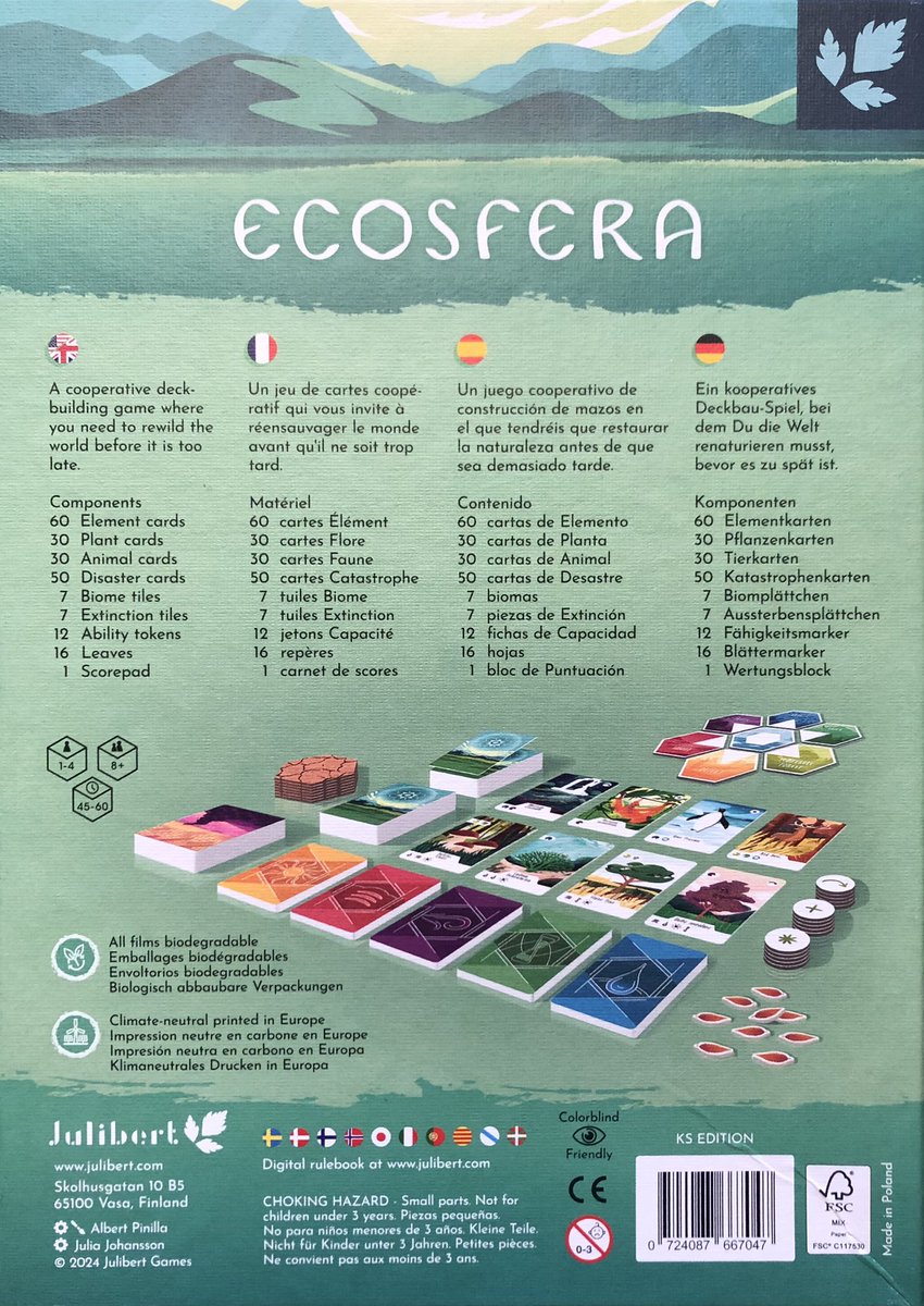 Primera partida a Ecosfera. Me ha encantado el juego y he restaurado todos los biomas al final. Hay que conseguir cartas de flora con las cartas de elementos, luego con las de flora las de fauna y con estas restaurar los biomas. Ilustraciones preciosas y mecánicas bien ajustadas.