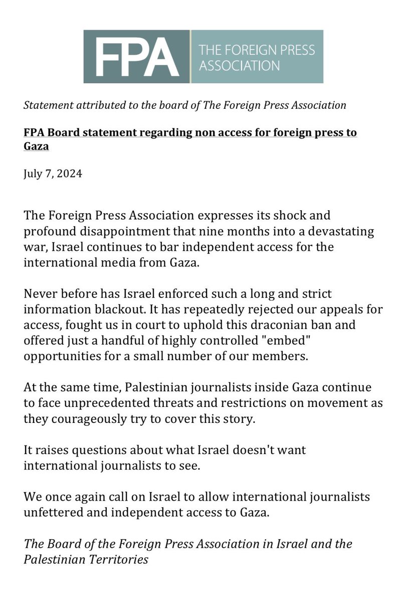 lindseyhilsum's tweet photo. Nine months on, Israel still doesn’t allow foreign journalists independent access to #Gaza. The Foreign Press Association in Israel says ‘It raises questions about what Israel doesn’t want us to see.’ Indeed it does. https://t.co/Sd7ORYRJAd