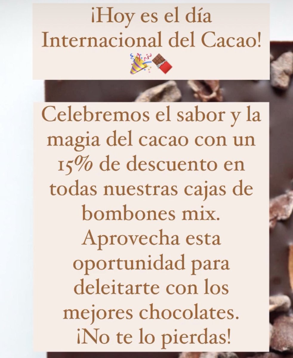 PrietoChocolate's tweet photo. ¡Hoy es el día internacional del cacao! Celébranos con 15% de descuento en nuestras cajas mix de bombones. Aprovecha la oferta y prueba prieto chocolates 🍫 https://t.co/GGc8lsY7WA