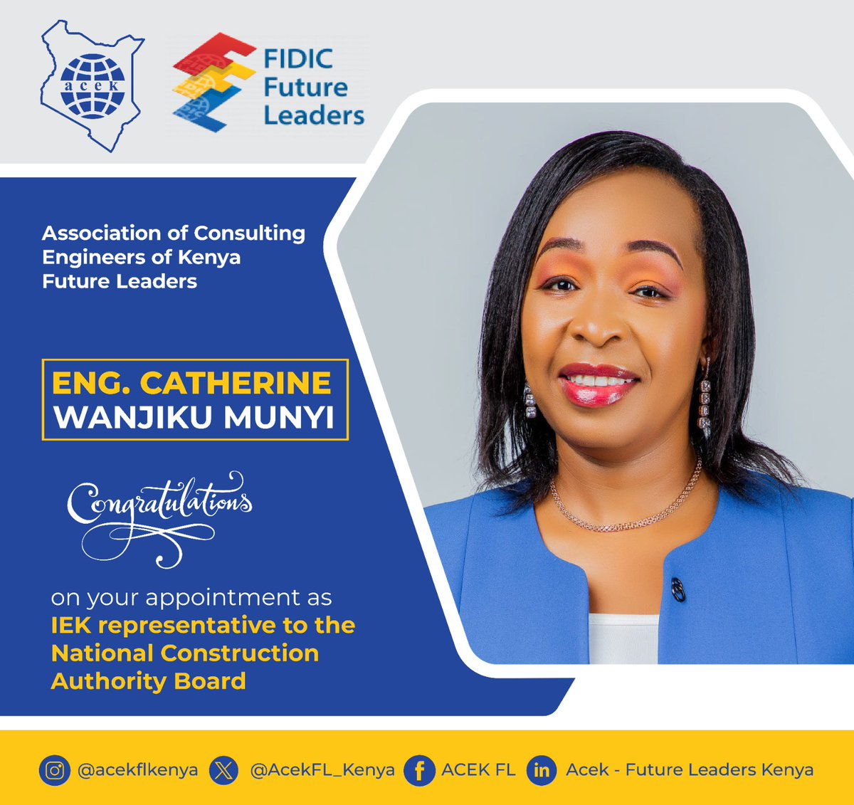 Congratulations to our esteemed member, Eng. Catherine Munyi on her appointment to the board of <a href="/ncakenya/">National Construction Authority</a> . The <a href="/AcekFL_Kenya/">ACEK- Future Leaders</a> fraternity wishes you all the best in your new role. 

We look forward to seeing the positive impact you will undoubtedly have at the <a href="/ncakenya/">National Construction Authority</a> board.