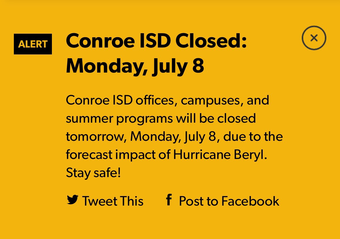Conroe ISD offices, campuses, and summer programs will be closed tomorrow, Monday, July 8, due to the forecast impact of Hurricane Beryl. Stay safe!