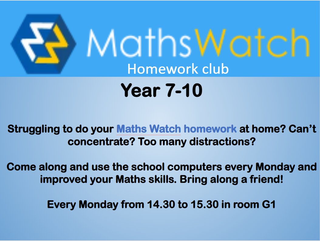 OAHemsworth's tweet photo. 🚨Reminder for all students🚨
Homework is set and due every Monday. Please remind your child to complete it each week. We also have our homework club for Years 7-10 running every Monday in G1. #MathsWatch #HomeLearning https://t.co/HVWRHzSJVl