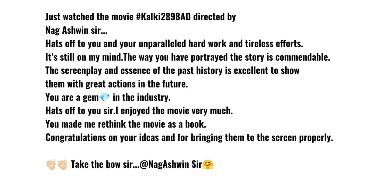 JRavikanth21's tweet photo. Just watched the movie #Kalki2898AD directed by @nagashwin7 Sir.. Hats off to you and your unparalleled hard work and tireless efforts. It's still on my mind. I'm speechless 😶 for your work.(👇🏻 More about the movie 👇🏻)

Take a bow.... 🫡🫡🫡 https://t.co/uNbHCWWOte