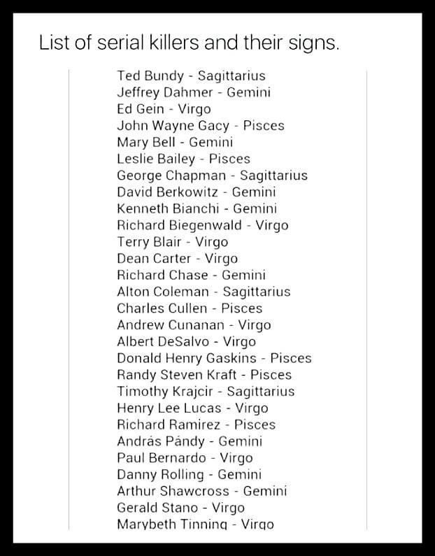 bicmuller's tweet image. A lista de signos dos serial killers sempre me deixa um tiquinho preocupada
