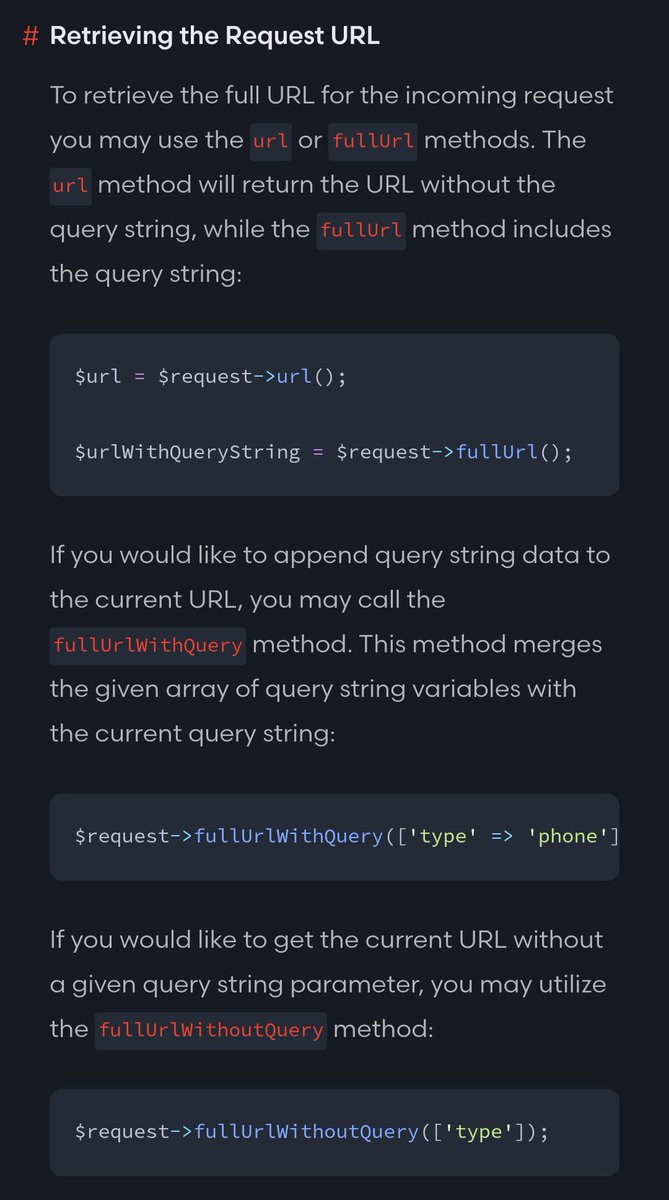 MrPunyapal's tweet image. You can get the URL and full URL from the $request object easily, and you should know about it. You can also add custom query parameters to it using the fullUrlWithQuery method. 💡
Laravel developers, #readLaravelDocs and share some use cases for the fullUrlWithQuery method 👇