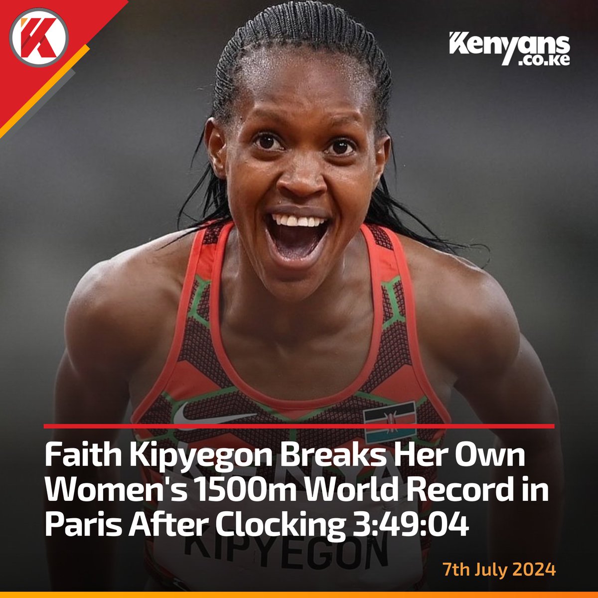 Kenyans's tweet photo. Faith Kipyegon breaks her own women's 1500m world record in Paris after clocking 3:49:04 https://t.co/sqWOMfXvGx