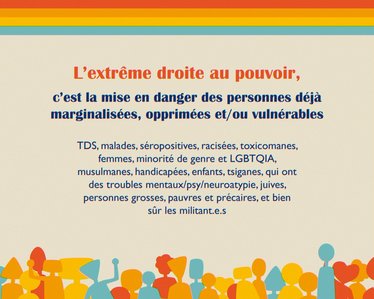 L'extrême droite représente une mise en danger des personnes déjà marginalisées, opprimées et/ou vulnérables ainsi que de nos acquis sociaux et de nos  droits fondamentaux. Il nous faut nous positionner, prendre soin les  un.e.s des autres #AgirContreLaHaine #Antifasciste