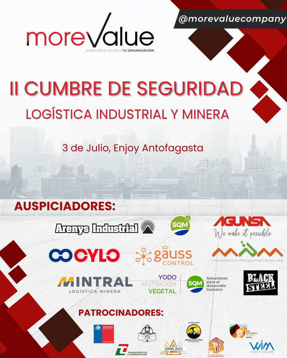 Agradecemos la participación a cada empresa y organización que fué parte de la "II Cumbre de Seguridad Logística Industrial y Minera" realizada el pasado 3 de julio. Dándonos a conocer su visión y puntos de vista en materia de seguridad, logística y minería👷‍♀️👷‍♂️#MoreValueCompany