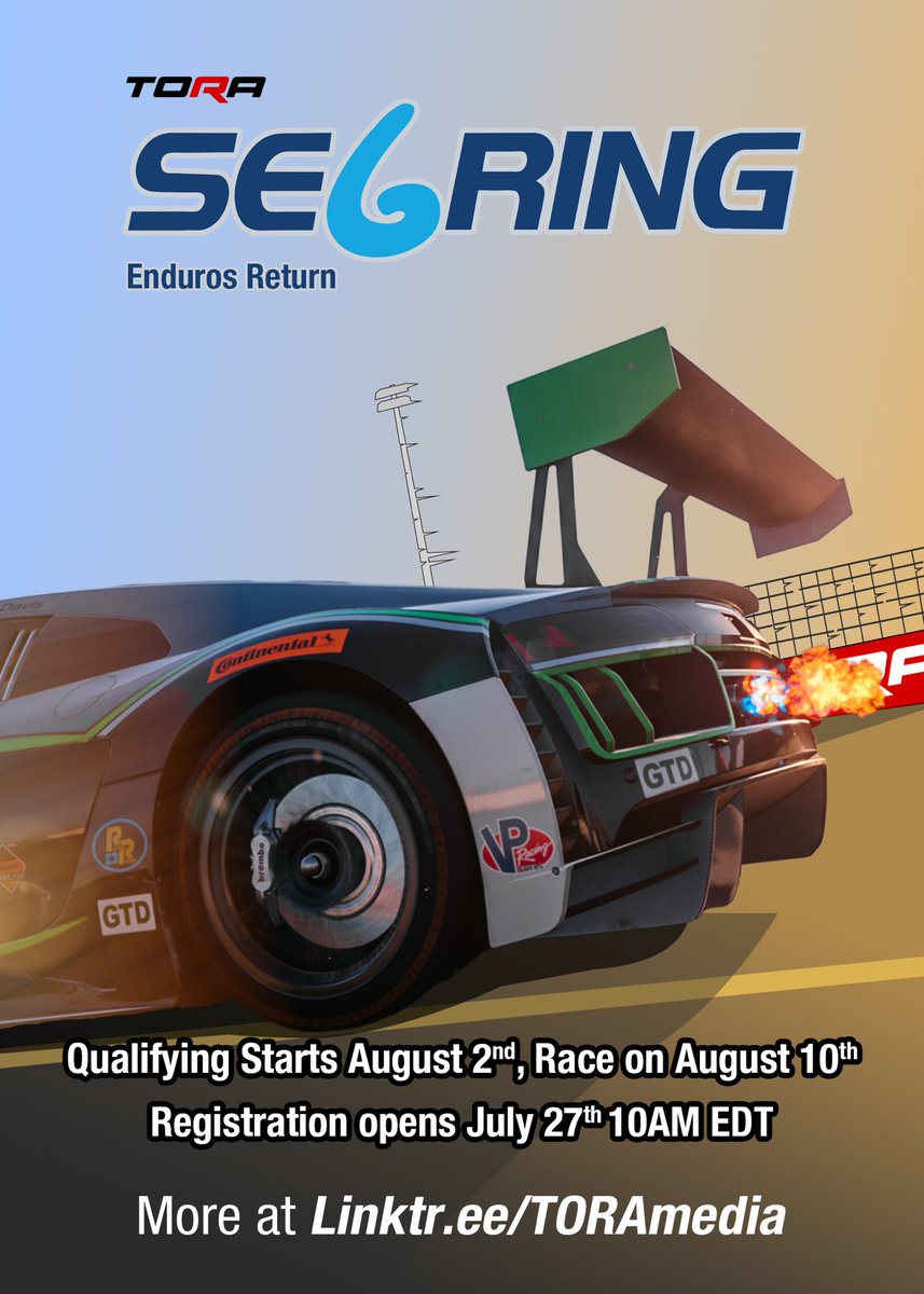 TORA (@thereal_tora) on Twitter photo Announcing the return of enduros!
The #TORASebring6Hour, an exhilarating 6 hour long team based GT endurance race at the world renowned <a href="/sebringraceway/">Sebring International Raceway</a>
Registration opens July 27th 10AM EDT, with qualifying starting August 2nd and race day August 10th.
#WeAreTORA Announcing the return of enduros!
The #TORASebring6Hour, an exhilarating 6 hour long team based GT endurance race at the world renowned <a href="/sebringraceway/">Sebring International Raceway</a>
Registration opens July 27th 10AM EDT, with qualifying starting August 2nd and race day August 10th.
#WeAreTORA