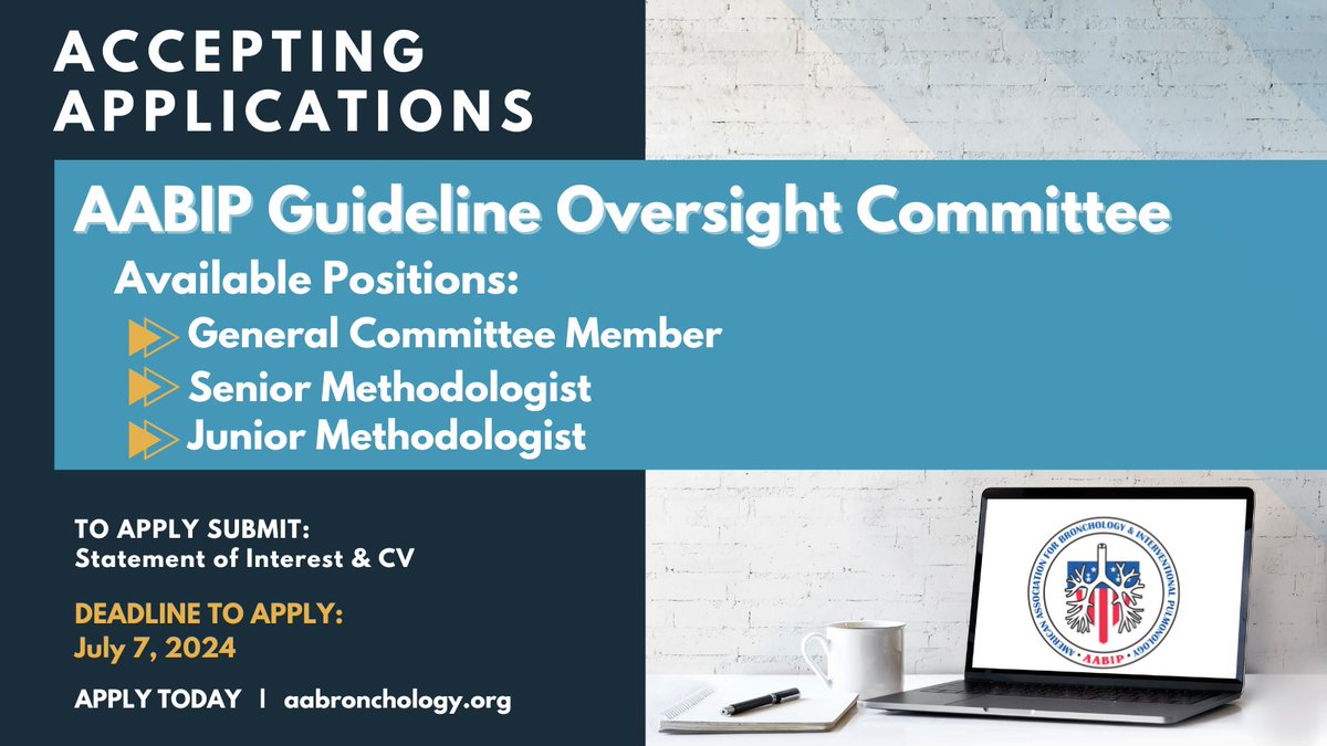 Apply now to be apart of the AABIP Guidelines Oversight Committee. Click below to learn more about this opportunity and other open positions!

aabronchology.org/join-a-committ…

#AABIP