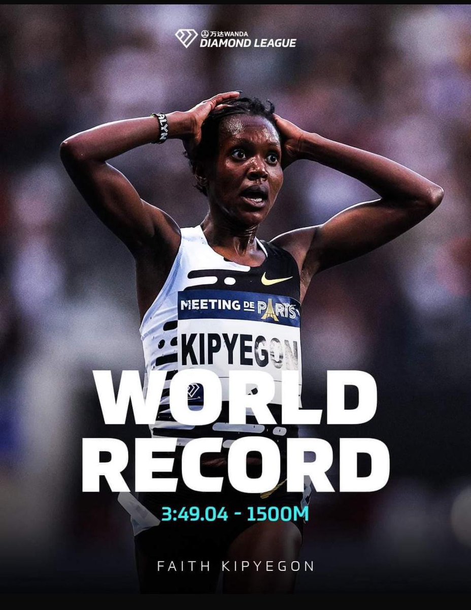 kipmurkomen's tweet photo. Unstoppable! What an incredible run! Congratulations, @Kipyegon_Faith on your stunning performance at the Paris Diamond League. 

By breaking your previous World Record in the women's 1500m race with a phenomenal time of 3:49.04, you have flown Kenya's flag high and we are immensely proud of you.

Your grit and talent continue to inspire us all. 

#KenyaPride #ParisDL #TeamKenya
