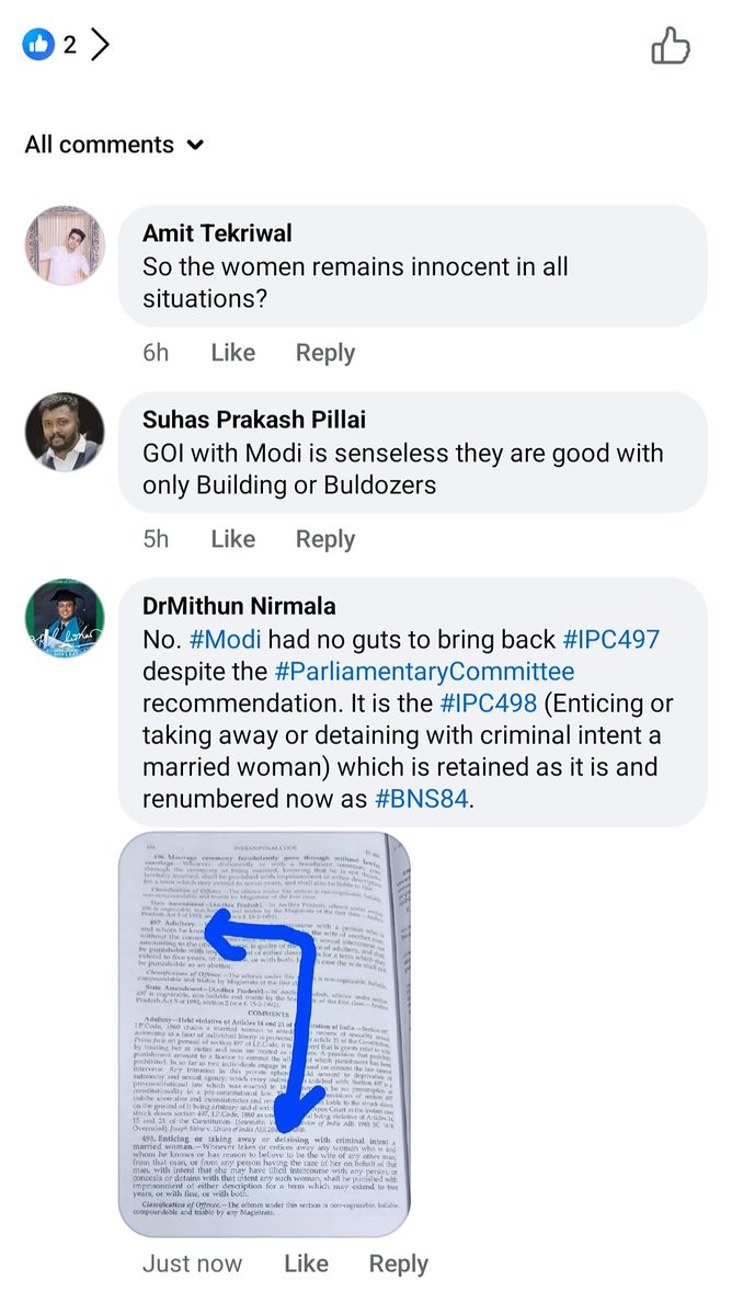 No. #Modi had no guts to bring back #IPC497 despite the #ParliamentaryCommittee recommendation. It is the #IPC498 (Enticing or taking away or detaining with criminal intent a married woman) which is retained as it is and renumbered now as #BNS84.

#AdulteryInIndia flourishes...