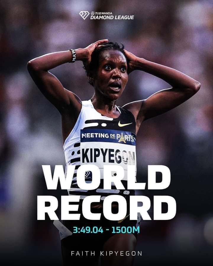KIMANIICHUNGWAH's tweet photo. Another Record. 
Take a bow for Kenya's imperious golden girl @FaithKipyegon_ 1500m Paris Diamond League record bagged. https://t.co/ifjSZ1SNMq