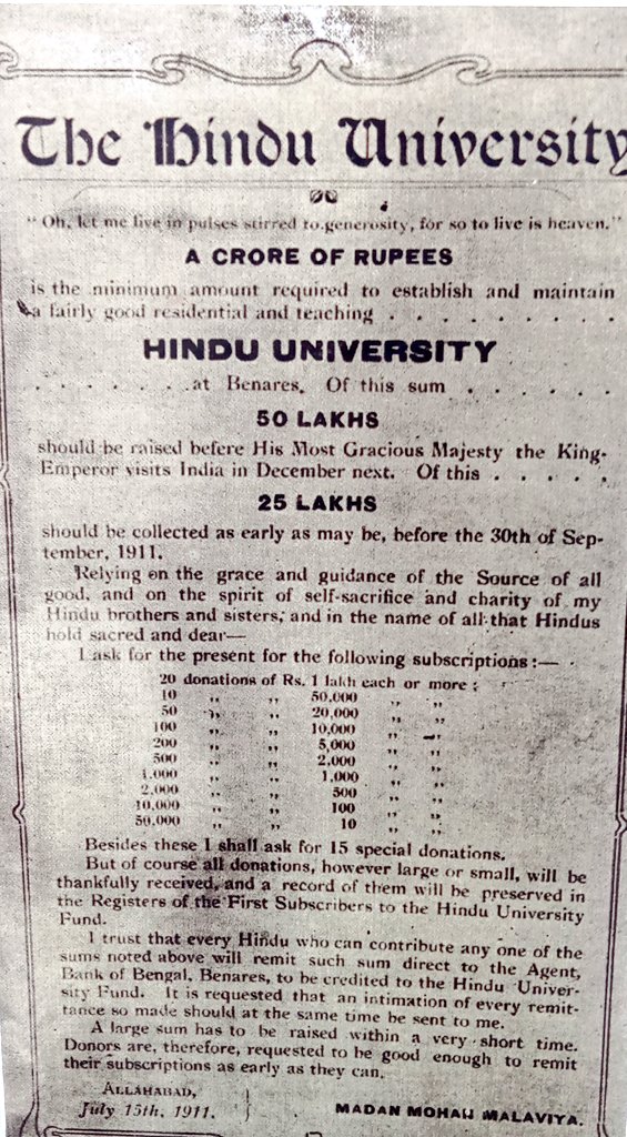 IndiaHistorypic's tweet photo. July 1911 :: Appeal by Pandit Madan Mohan Malaviya to Raise One Crore Rupees Fund For Banaras Hindu University https://t.co/uFoO1LXuf5