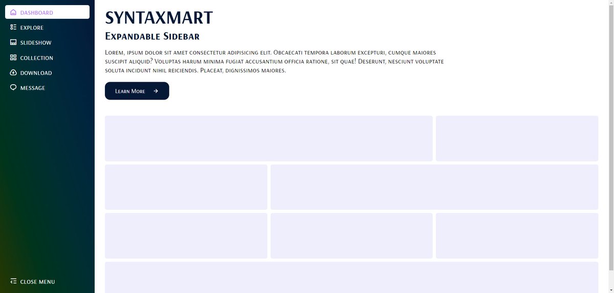 SyntaxMart's tweet image. an interactive expandable sidebar design in HTML, CSS, & Javascript
#ExpandableSidebar #HTML #CSS #Javascript #WebDevelopment #FrontEnd #CodingTips #UI #UX #WebDesign
project link syntaxmart.com/how-to-create-…
website link syntaxmart.com