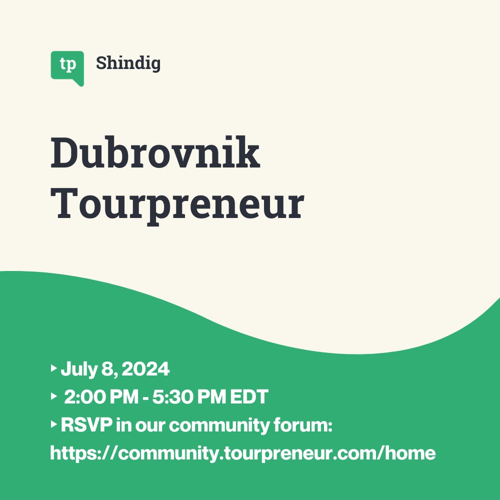 Dubrovnik Tourpreneur Shindig- Community Meetup
(hosted by Chris Torres &amp; Luksa Malohodzic)

Free &amp; open to any Travel &amp; Tourism professionals!

RSVP in our community forum: community.tourpreneur.com/home

#touroperator #toursandactivities #tourismindustry #tourismevents