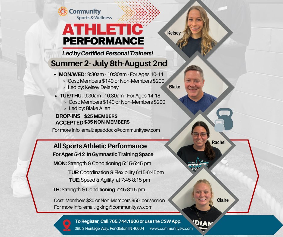 Who trains over the summer? Champions do!⭐
New Athletic Performance Program for youth ages 5 to 18.
New Summer 2 sessions begin July 8th
Call 765-744-1606 or use the CSW app to register.
#cswfindyourfit
communitysw.com