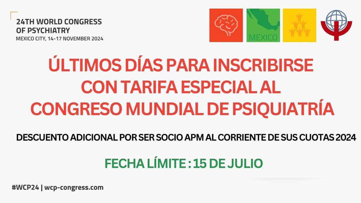 psiquiatrasapm's tweet photo. Últimos días para inscribirse con tarifa especial al Congreso Mundial de Psiquiatría 🌎🧠
✅Aprovecha el descuento adicional por ser Socio APM al corriente de sus cuotas 2024.
🗓️Fecha límite: 15 de Julio.
https://t.co/JBrVWdrGDT
#WPC24 #APMcontigo https://t.co/TRSkLHDdXO