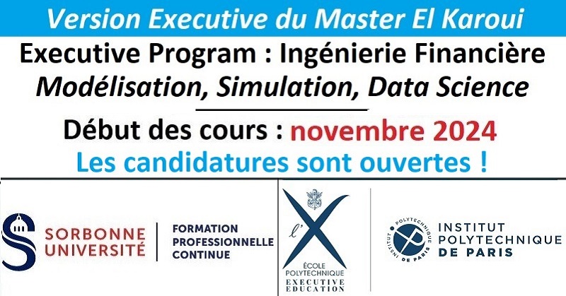 Mathfi_News's tweet photo. Version Executive du Master El Karoui
►https://t.co/RLU50lOTXG
Formation continue en présentiel
Modélisation, Simulation et Data Science

Boostez votre carrière !
Postulez avant le 15 octobre
Début des cours le 8 novembre

►Avec :
•École Polytechnique
et
•Sorbonne Université