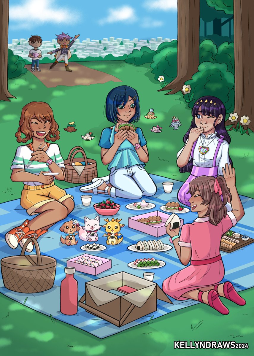 I can finally post my piece for the <a href="/Precure20F/">Habatake!</a>  zine! I got to draw the delicious party girls 🍙💖

#precure #プリキュア
