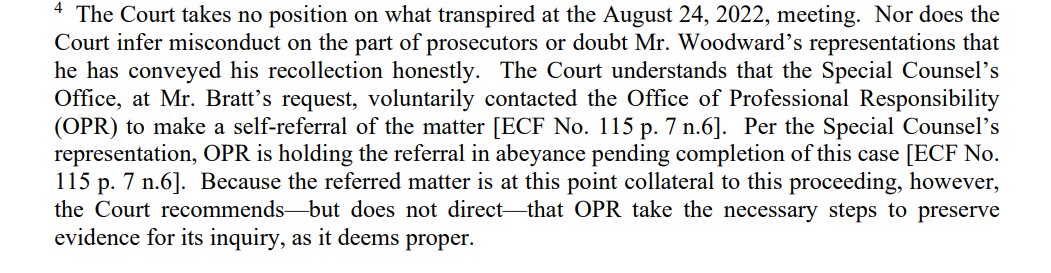 julie_kelly2's tweet photo. New: Judge Cannon denied Walt Nauta, Trump's valet and co-defendant in docs case, motion to dismiss based on selective/vindictive prosecution.

Cannon says Nauta did not meet high bar for such a dismissal.

But she does take note of improper behavior by Smith's lead prosecutor Jay Bratt. An August 2022 meeting where Bratt made political comments and threatened Nauta's attorney, Stanley Woodward, to force his client to cooperate or else was one basis for the defense motion.

Cannon said during the hearing on this motion that she is obligated to make sure the government conducts itself with professionalism and decorum. (She has said this a few times.)

She also asked whether any records related to the meeting had been preserved. DOJ did not have a straight answer so she just suggested as much in her order.

A DOJ OPR investigation into Bratt's conduct reportedly was opened but now is on hold as this case proceeds.