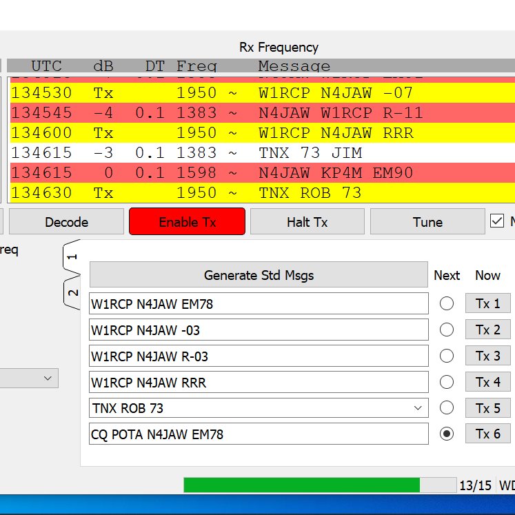 N4JAW's tweet photo. My #QRP #FT8 setup today. Its nice to see other #FT8 operators join Robbie #W1rcp @Robbie_W1RCP & I utilizing the Marcos features of #WSJTx like Howie #AC4FS @HowiePepper & GREAT to get his #XYL "Mac" #AE4YL #AmateurRadio #hamradio #POTA #parksontheair https://t.co/1yOrQeoJh2