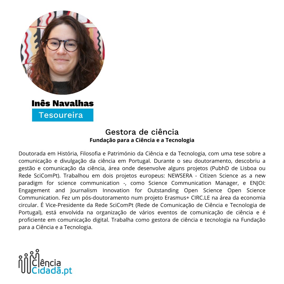 📌 Hoje é dia de apresentar a Tesoureira da Direção da Rede Portuguesa de Ciência Cidadã: Inês Navalhas!

➡️ É gestora de ciência e tem trabalhado com as questões da ciência cidadã desde a sua participação em projetos europeus nesta área.

Saibam mais na imagem ⤵️